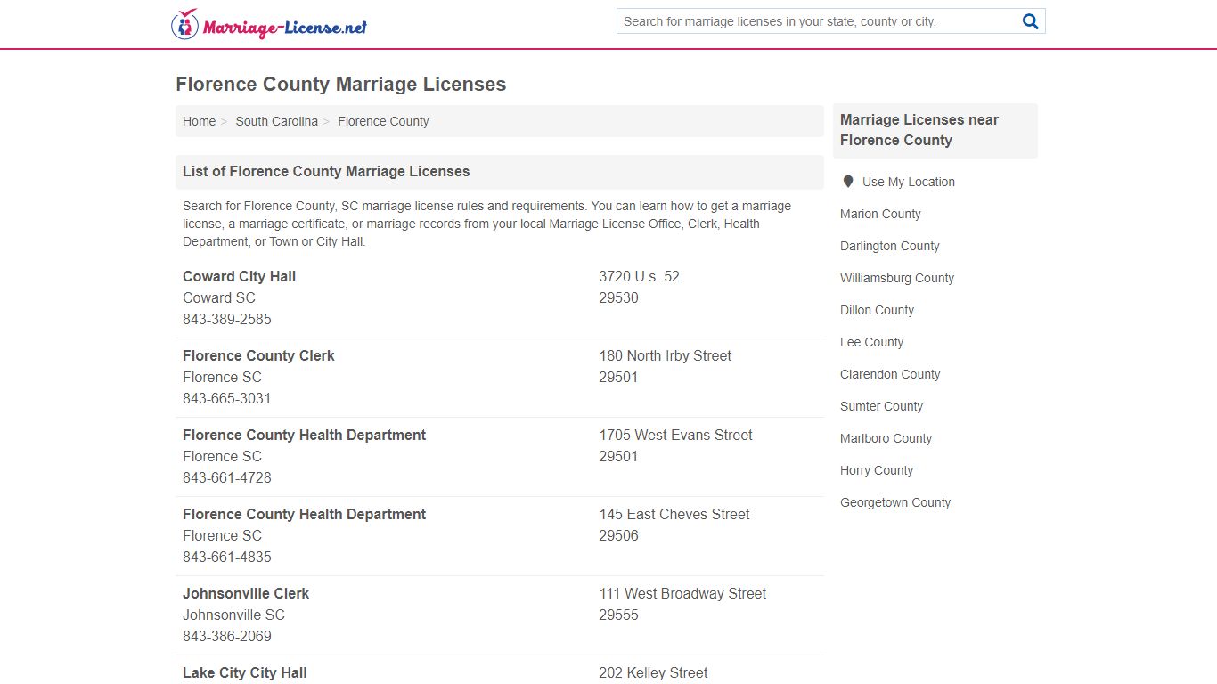 Florence County Marriage Licenses